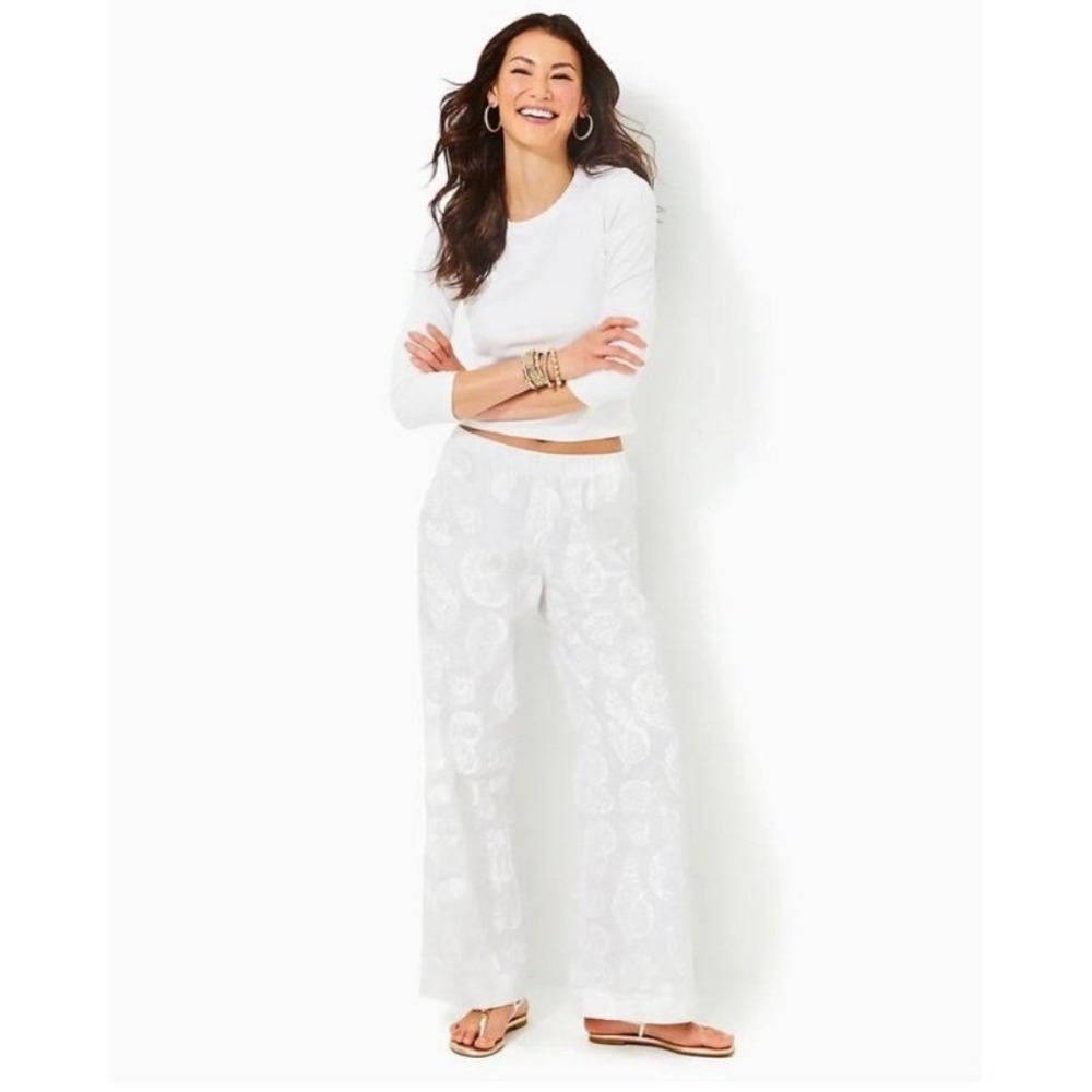 Lilly Pulitzer Daylen Linen Palazzo Pants Women XS White Shells Excellent Resort